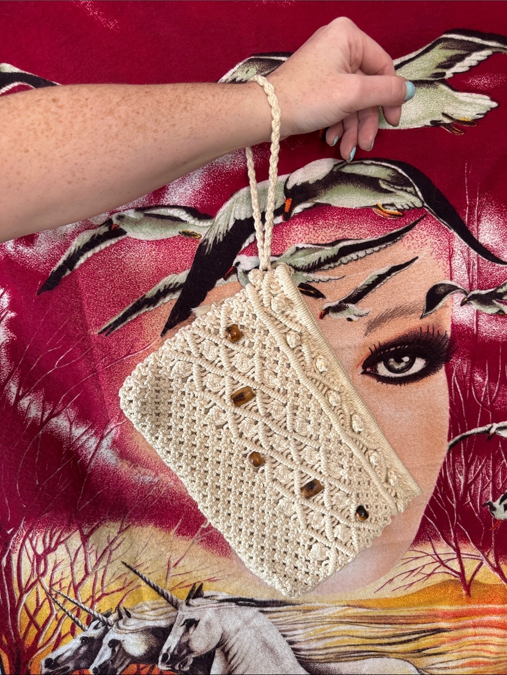 vintage 70s mcl cream macramé handbag clutch makeup bag wristlet
